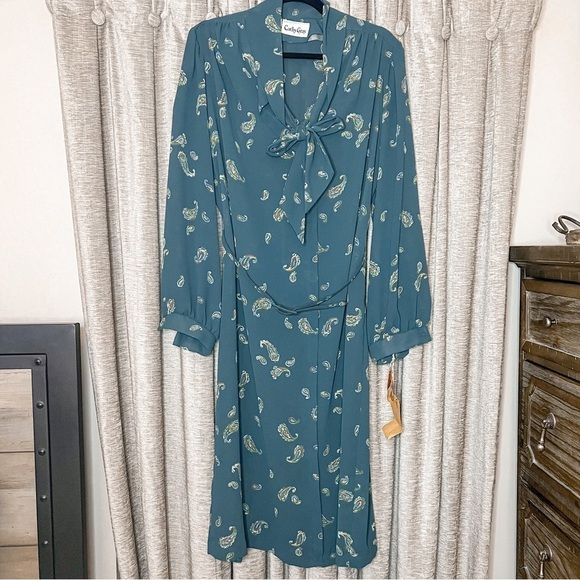 NWT Deadstock Vintage Cathy Gray Green Paisley Print Belted Shirtdress Size 18 - Picture 1 of 16